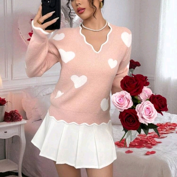 Women's V-Neck Heart Pattern Knitted Sweater With Ruffle Hem, Elegant & Romantic - Picture 1 of 5